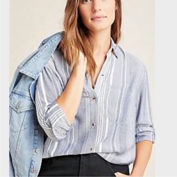 Anthropologie Maeve Blue Chatham Striped Button Down Shirt Size Medium - Picture 2 of 9